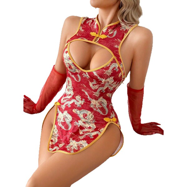 Custom sexy silk cheongsam dress - backless sheer split qipao for women, alluring lingerie-inspired outfit with dragon patter...