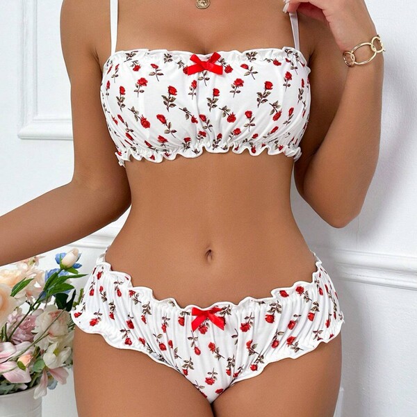 Cute bear sexy lingerie set - strawberry sheer two-piece outfit for couples, featuring floral design and ruffled edges.