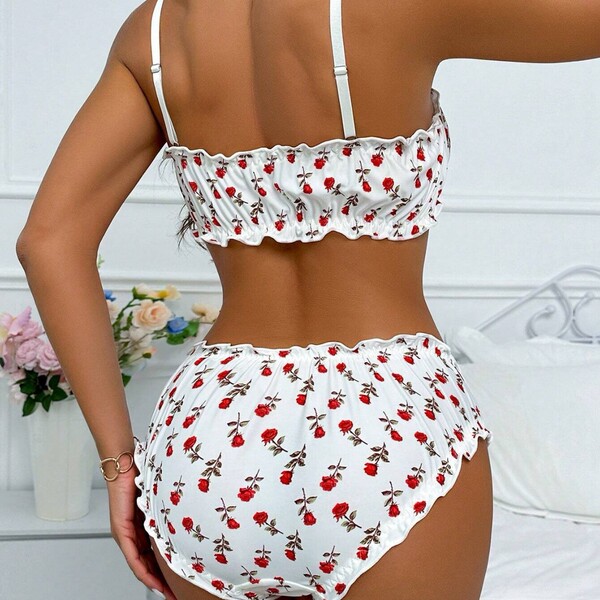 Cute bear sexy lingerie set - strawberry sheer two-piece outfit for couples, featuring floral design and ruffled edges.