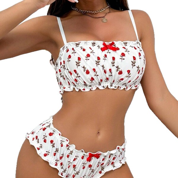Cute bear sexy lingerie set - strawberry sheer two-piece outfit for couples, featuring floral design with red bows, perfect f...