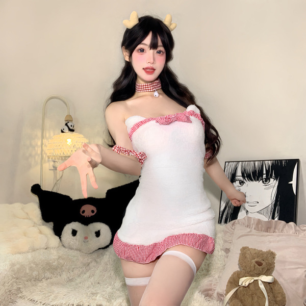 Cute bear sleepwear set with lace nightgown and backless maid dress, perfect for christmas parties and nightclub outfits.