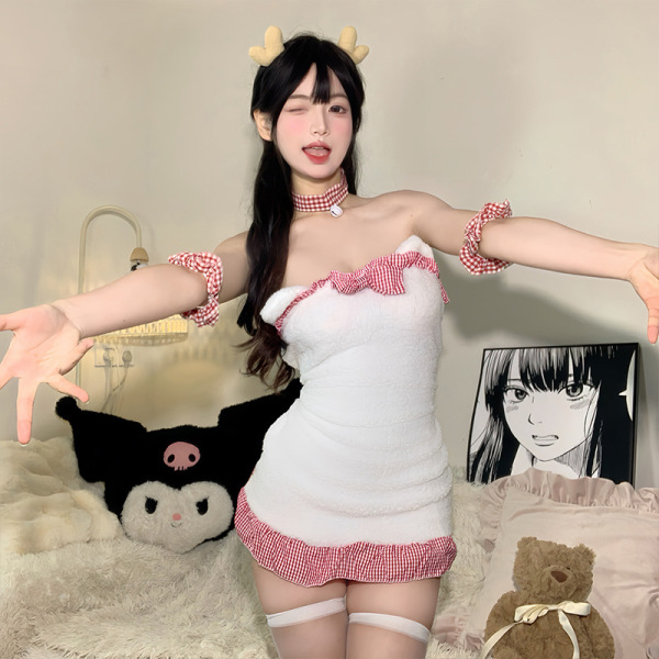 Woman wearing cute bear sleepwear set with lace nightgown and backless maid dress, perfect for christmas parties or nightclub...