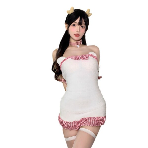 Cute bear sleepwear set with lace nightgown and backless maid dress, perfect for christmas parties and nightclub outfits.