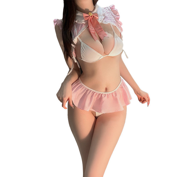 Cute bunny girl costume set featuring sexy lingerie, maid outfit with pink ribbon, nightclub seductive sleep dress, and thong...