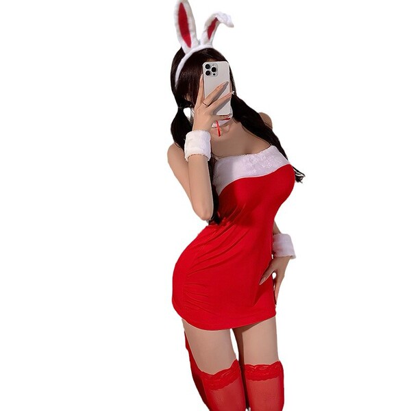 Cute bunny girl costume featuring a sexy red bodycon mini dress, complete with a straw hat and bow accessory.