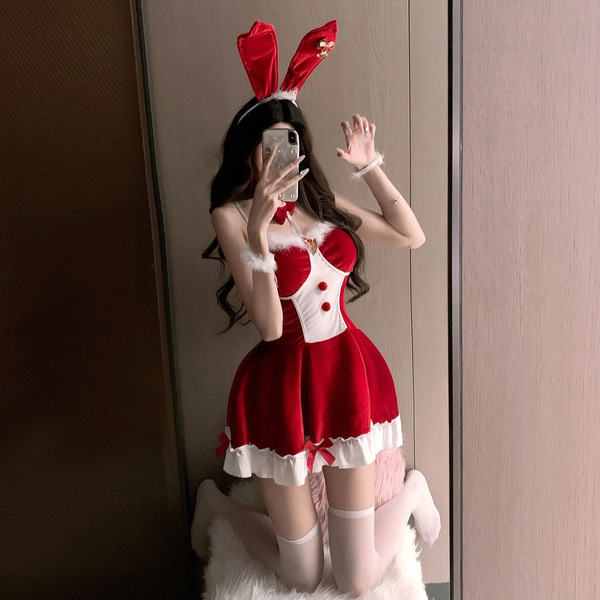 Cute bunny lingerie dress - sexy backless christmas costume & new year sleepwear outfit featuring red bunny ears, fluffy whit...