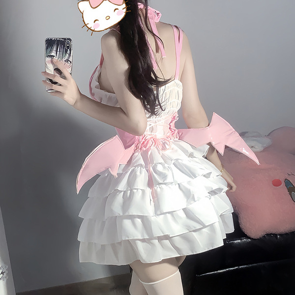 Cute kawaii maid costume set featuring creamy sweet devil and innocent girl elements, perfect for cosplay with layered ruffle...