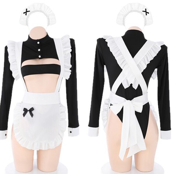 Cute lolita maid costume for women featuring a sexy lacy bodysuit with sheer cutouts and teasing design, perfect for themed e...
