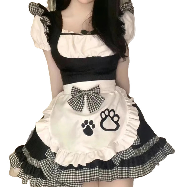 Cute maid costume dress with cat ears - plus size lolita cosplay outfit for women featuring black and white checkered design,...