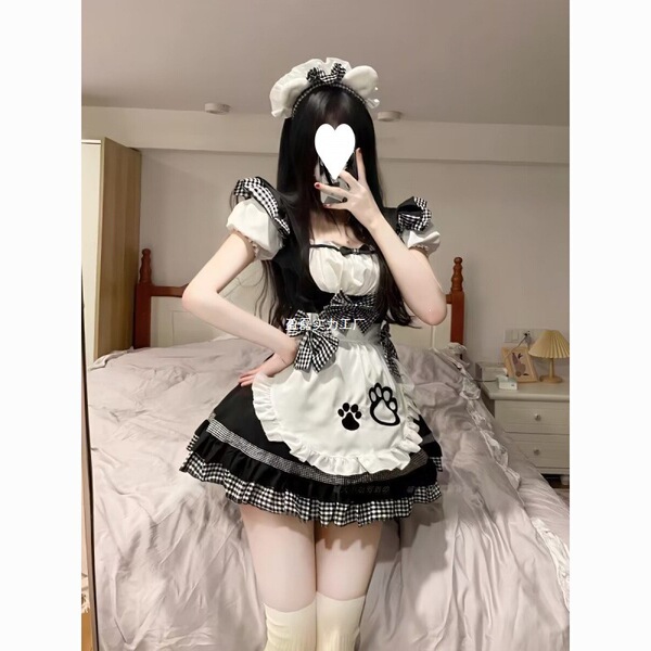 Cute maid costume dress with cat ears - plus size lolita cosplay outfit for women, featuring a charming black and white desig...