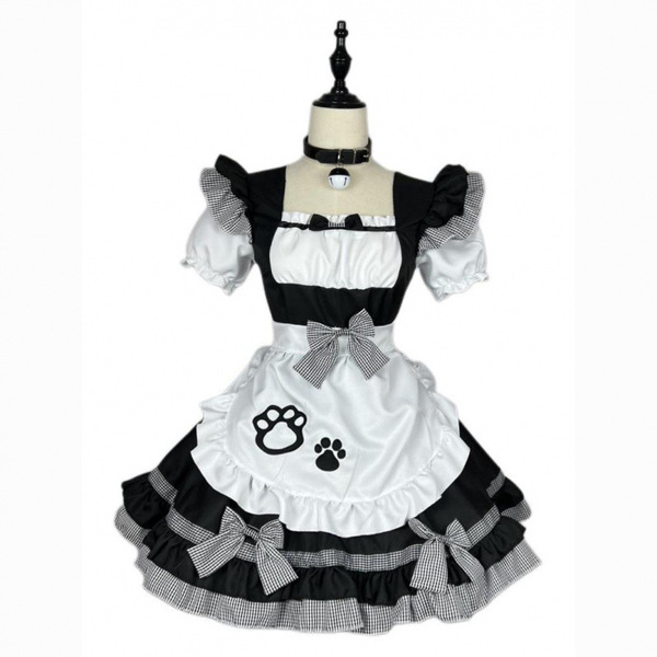 Cute maid costume dress featuring cat ears, black and white checkered design, ruffled sleeves and skirt, perfect for plus-siz...