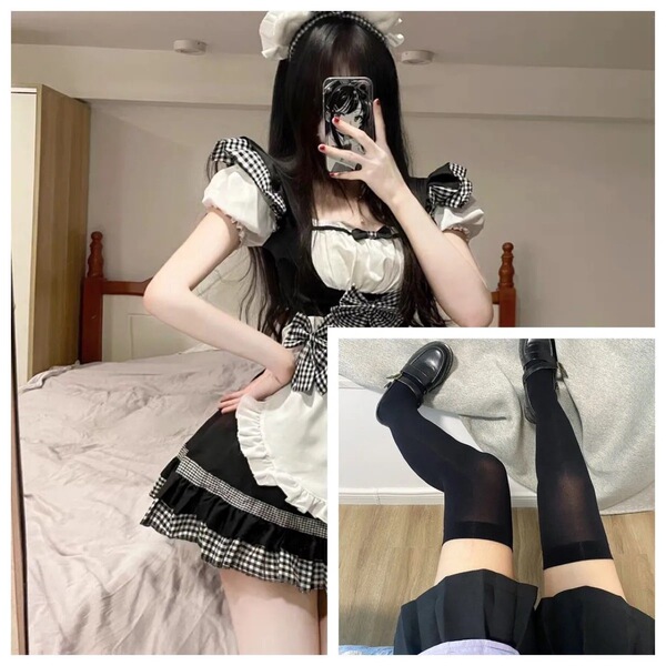 Cute maid costume dress with cat ears - plus size lolita cosplay outfit for women, featuring a charming black and white desig...