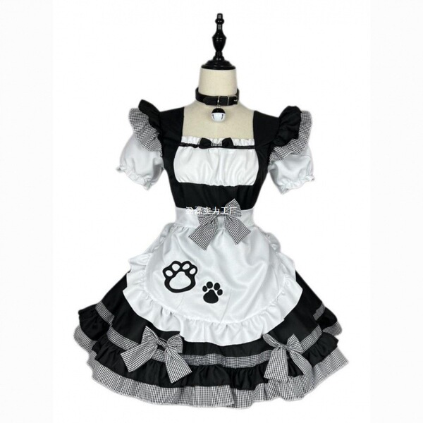Cute maid costume dress with cat ears - plus size lolita cosplay outfit for women, featuring ruffled sleeves, tiered skirt, a...