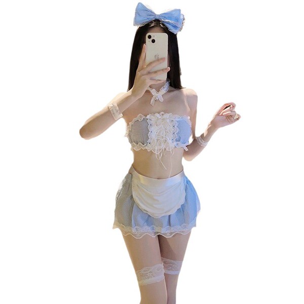 Cute maid costume lingerie set featuring a blue bow headband, lace-trimmed top and skirt, perfect for cosplay or fantasy outf...