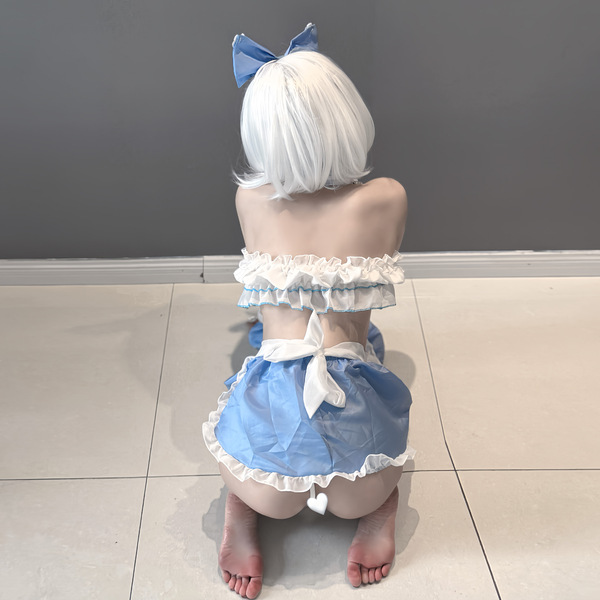 Cute maid costume lingerie featuring sweet lolita design with lace trim, adorable blue bow headband, flirty and seductive uni...
