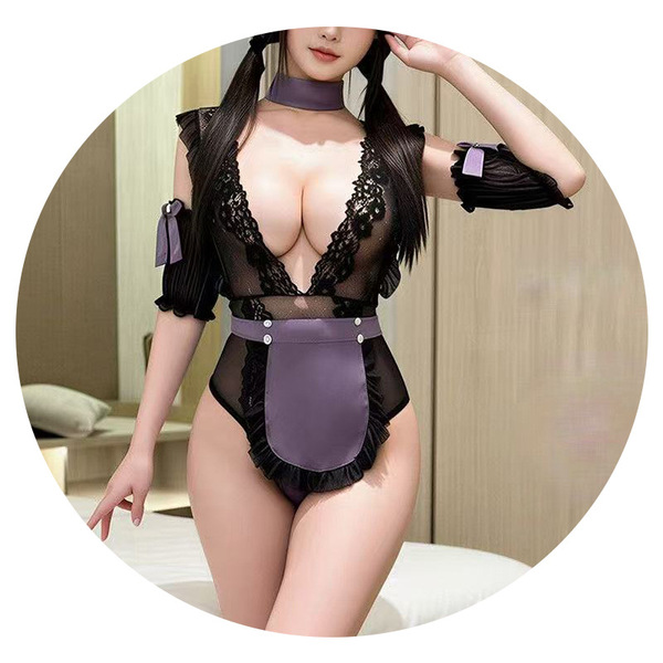 Sexy maid costume set with transparent lace lingerie, purple apron & choker for role play cosplay fun.