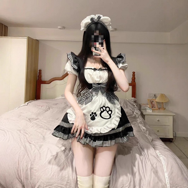 Cute maid costume for women featuring anime cat girl design, lolita dress with stretchy spandex fabric, perfect for cosplay o...