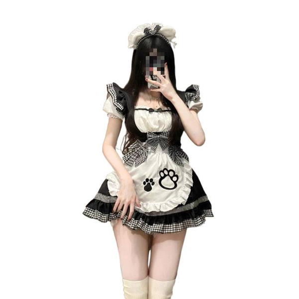 Cute maid costume for women featuring anime cat girl lolita dress with stretchy spandex fabric, perfect for cosplay events.