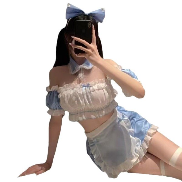 Cute maid costume for women featuring a flirty lolita dress with sheer chiffon and ruffled sleeves, perfect for cosplay.