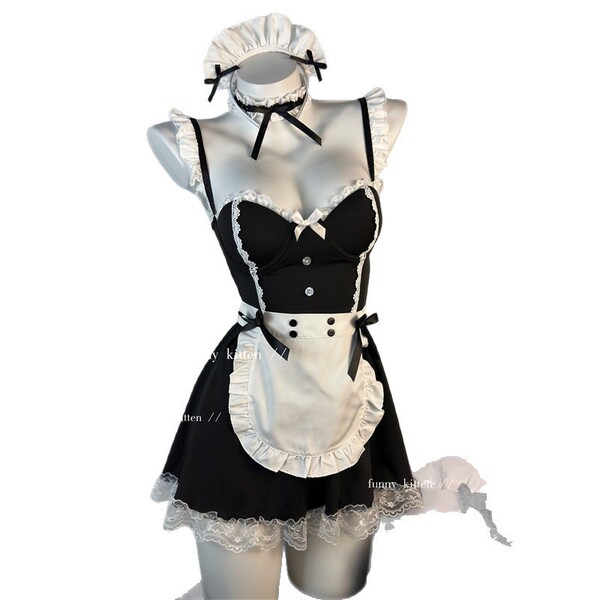 Cute maid costume set featuring an underwire push-up bra and matching skirt, perfect for cosplay with lace details and bows.