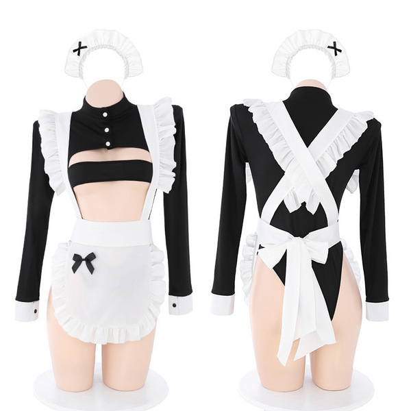 Cute maid costume for women featuring a sexy one-piece outfit with long sleeves, ruffled details, and a playful design, perfe...