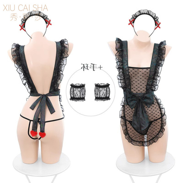 Cute maid costume for women - transparent sheer french maid dress with apron & babydoll sleepwear set, featuring black lace d...
