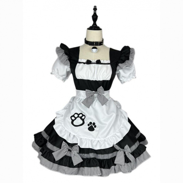 Cute maid dress with cat ears, plus size lolita style, featuring ruffled sleeves and skirt, perfect for womens cosplay outfit...