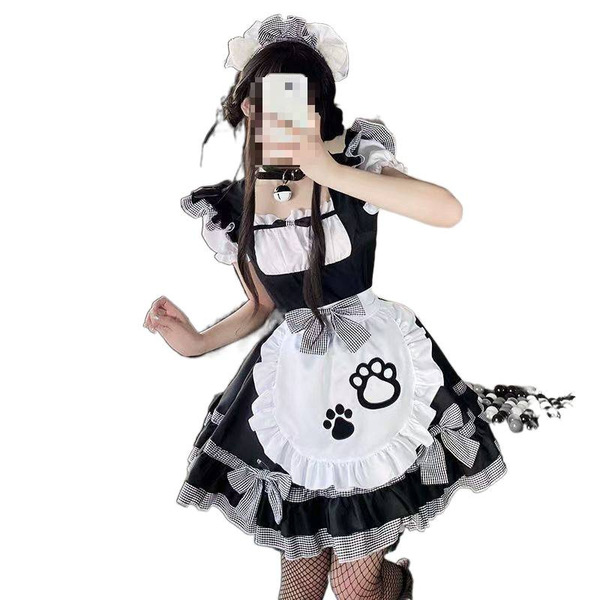 Cute maid dress featuring cat ears, perfect for plus-size women. lolita style with ruffled skirt and apron, ideal for cosplay...