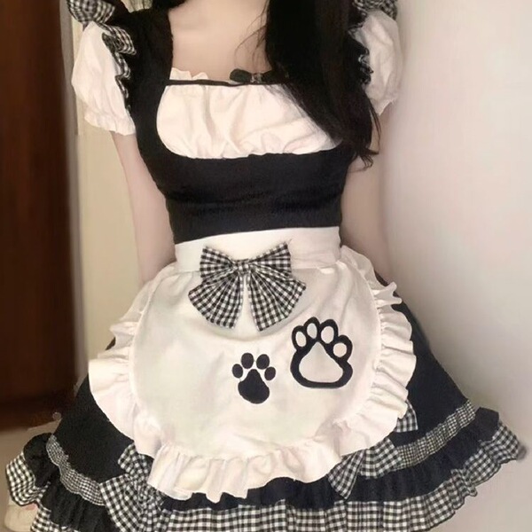 Cute maid dress featuring black and white checkered patterns, adorable paw prints, perfect for cosplay and anime outfits.