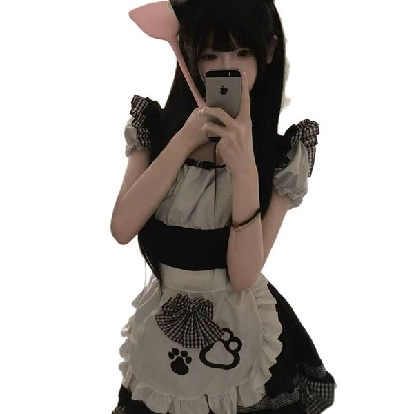Cute maid dress featuring a kawaii cat design, perfect for cosplay and anime outfits. includes ruffled sleeves and apron with...