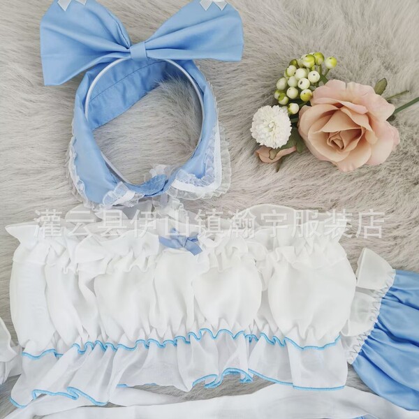 Cute maid lingerie set featuring blue headband and white ruffled skirt, perfect for small busts with lolita style servant cos...