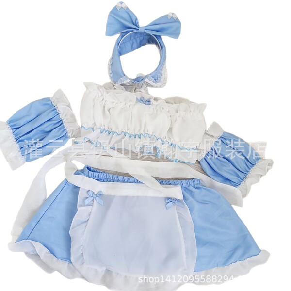 Cute maid lingerie set featuring blue and white colors, perfect for small busts, embodying pure and tempting lolita style wit...