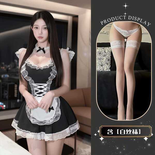 QQNY Pure Allure Sleepwear Set – Elegant Sensual Lingerie for Women, Luxury Bedroom Wear with Flirty Charm - Cute maid + white stockings