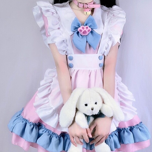 A cute pink and blue maid dress with ruffled sleeves and skirt, featuring a large blue bow and pink paw print, perfect for co...