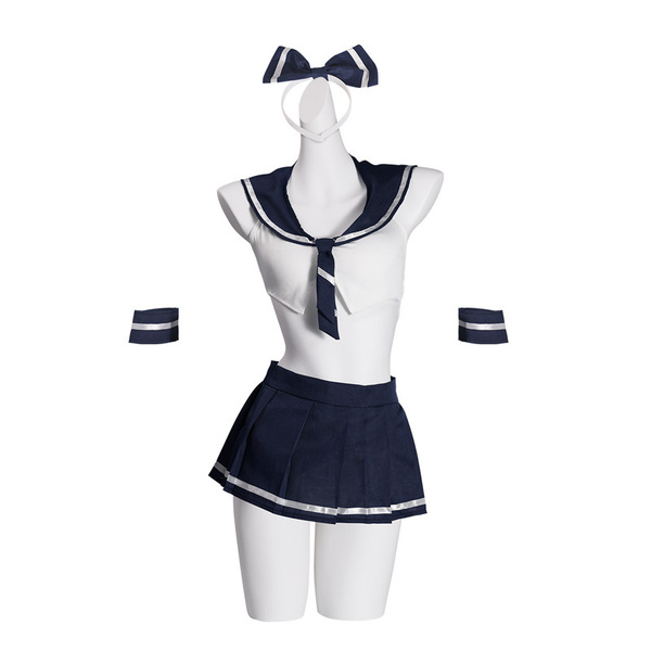 Cute schoolgirl jk uniform set featuring a sailor collar top, pleated skirt, bow headband, and wristbands, perfect for cospla...