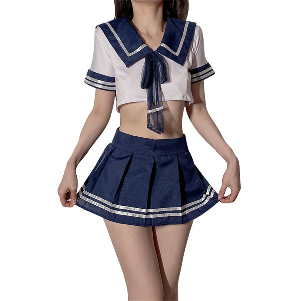 Cute student-style bikini set featuring a sailor top with a tie-front design and a pleated skirt, perfect for plus-size women...