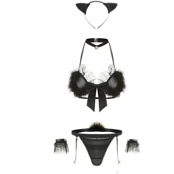 Cute transparent role play lingerie set with seductive tail and open-crotch uniform for women, featuring black accents and pl...