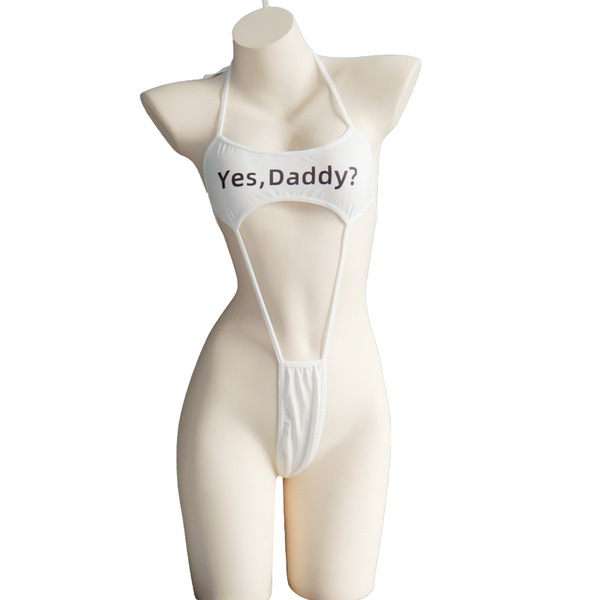 White daddy letter print anime lingerie set - busty one-piece with open crotch design, xl-xxl size, perfect for cosplay and s...