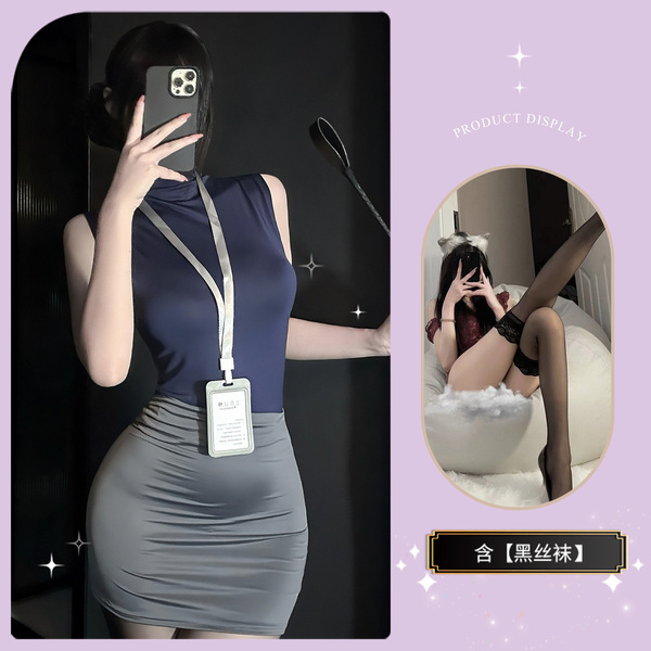Sexy Secretary Pencil Skirt Costume - Air Hostess Uniform Style Latex-Look Mini Skirt for Women, No-Remove Lingerie Set - Dark gray + black stockings