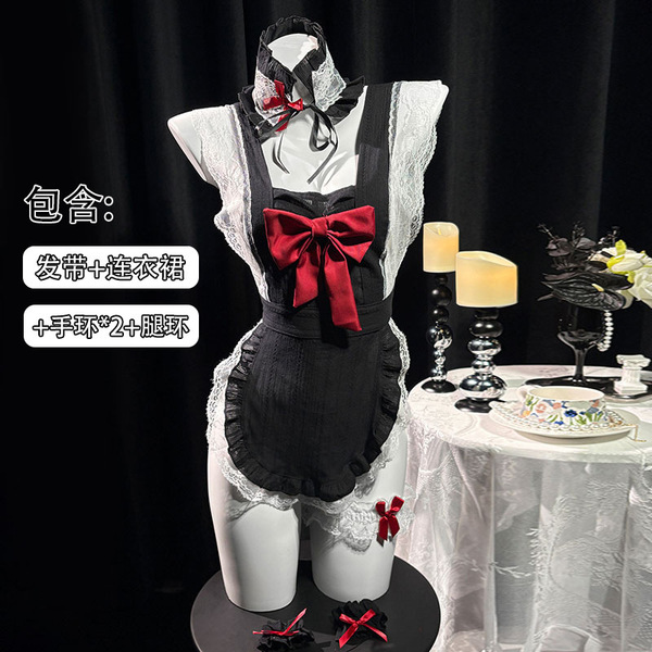 Night-Su Bow Backless Maid Apron Set - Seductive Lingerie Outfit for Women, Minimalist Sleepwear & Costume - Dark Lolita + Black Open Crotch Stockings