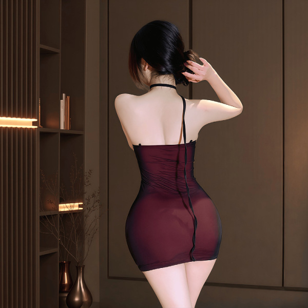 Woman wearing dark romance lace bodysuit, sheer mesh lingerie with rose details, back view showing elegant fit for curvy figu...