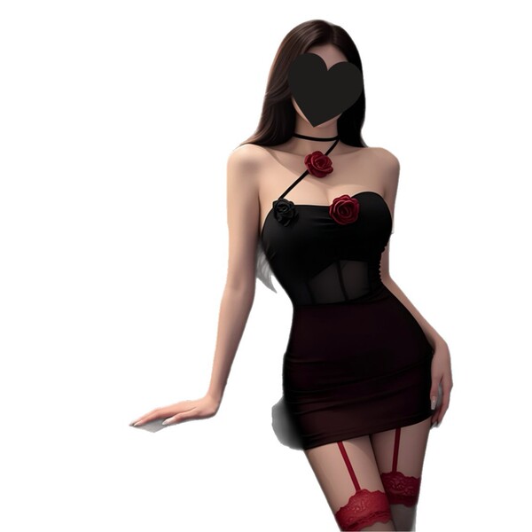 Dark romance lace mesh cheongsam set with sheer rose-embellished halter corset and high-waisted thong bodysuit.