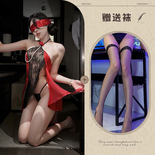 Y Sexy Lingerie Night Rose Tie-up Dress Lace Sexy Flirting Revealing Chest Set Maid Outfit - Eternal Night Rose + Black Fishnet Stockings