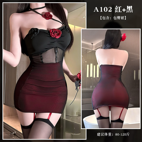 New Year Pure & Tempting Lingerie Skirt - Rose Uniform Sleep Dress with Built-in Pads & Sheer Details - Dark Rose Dress with Black Wide-Brimmed Stockings