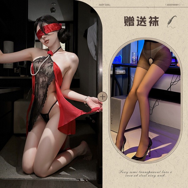 Y Sexy Lingerie Night Rose Tie-up Dress Lace Sexy Flirting Revealing Chest Set Maid Outfit - Eternal Night Rose + Red and Black Eye Patch + Black Open Crotch Stockings