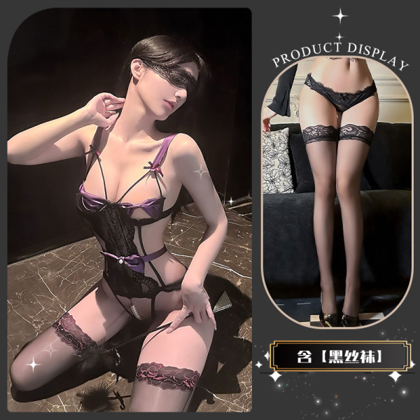 Pure & Playful Lace Lingerie Set with Bow & Pearl Bodysuit – Seductive Women's Sensual Underwear - Dead Leaf Butterfly * Purple + Black Stockings