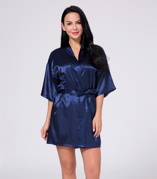 Sexy Summer Robe for Women - Lightweight Lace Trimmed Kimono Sleepwear, Sheer Satin Morning Gown & Lounge Set - Dark blue