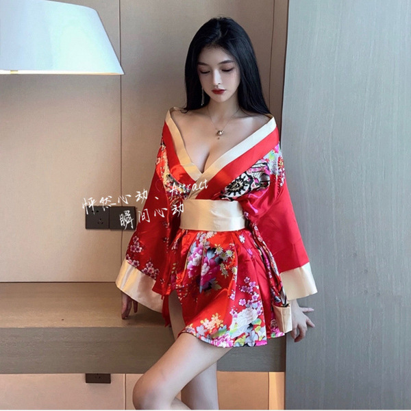 Deep v geisha-inspired sensual kimono robe - sexy cosplay sleep dress & erotic lounge gown featuring intricate floral pattern...