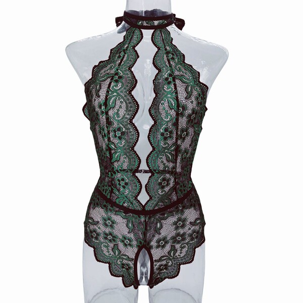 Deep v lace bodysuit for women with floral print, open-crotch design, and elegant backless style.