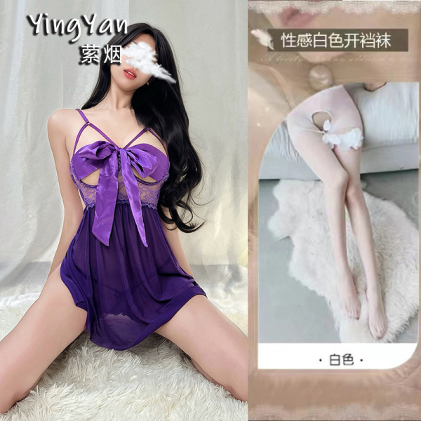 Lace Sensual Sleepwear Set - Sexy Underwire Push-Up Lounge Set for Small Bust Women - 0803 [Breast Support] Dark Purple Butterfly Nightgown + Panties + White Open Crotch Stockings